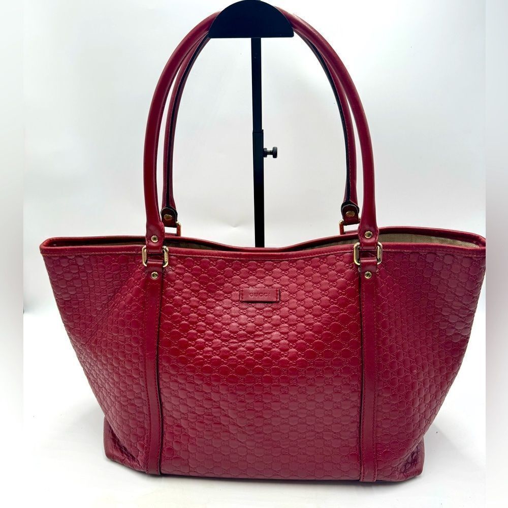 Auth Gucci Large Red Microguccisima Monogram Embossed Leather Joy Tote Bag Ex+